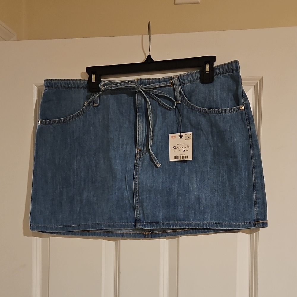 Zara Denim Drawstring Mini Skirt - Blue Size XL